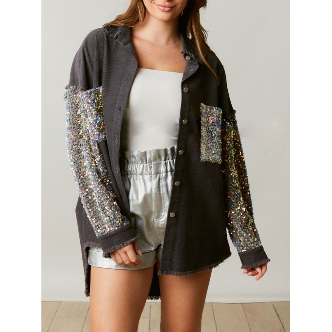 Corduroy Sequin Patchwork Long Sleeve Jacket