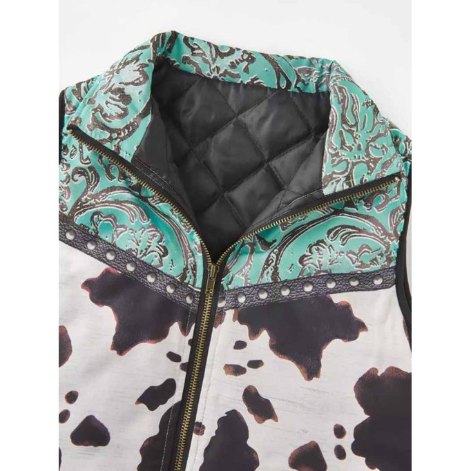 Cow Abstract Graphic Zipper Pocket Warm Vest Coat