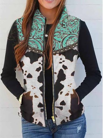 Cow Abstract Graphic Zipper Pocket Warm Vest Coat