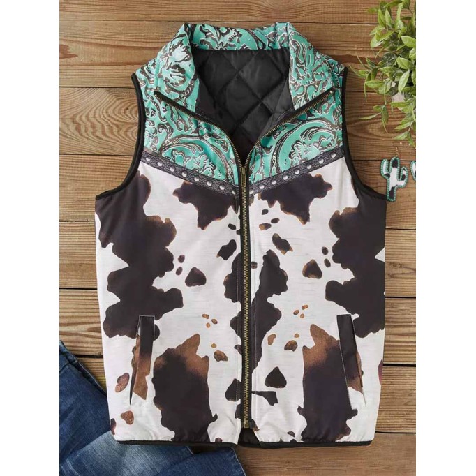 Cow Abstract Graphic Zipper Pocket Warm Vest Coat