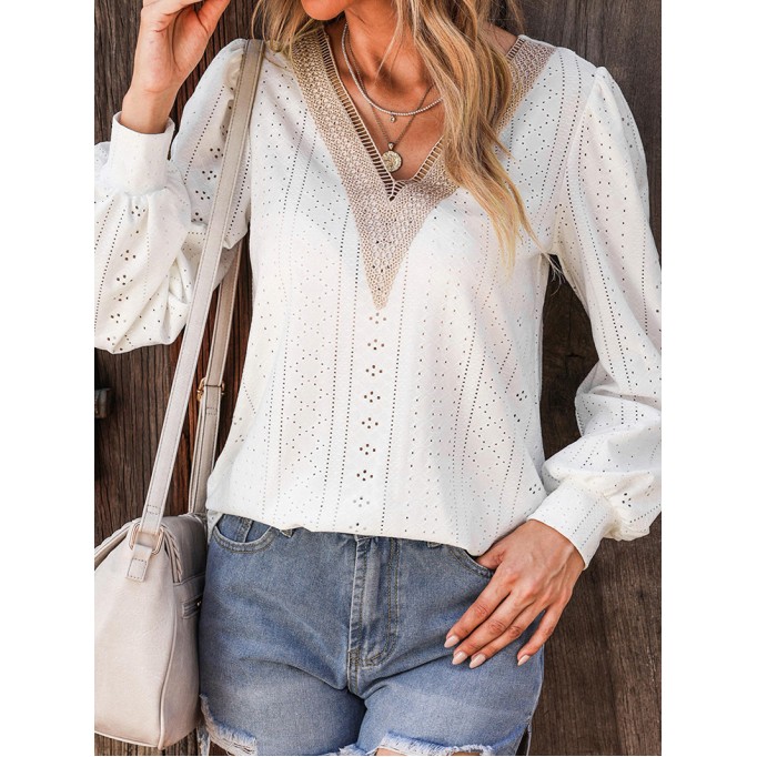 CUT-OUT LACE V NECK SHEATH  CASUAL BLOUSE