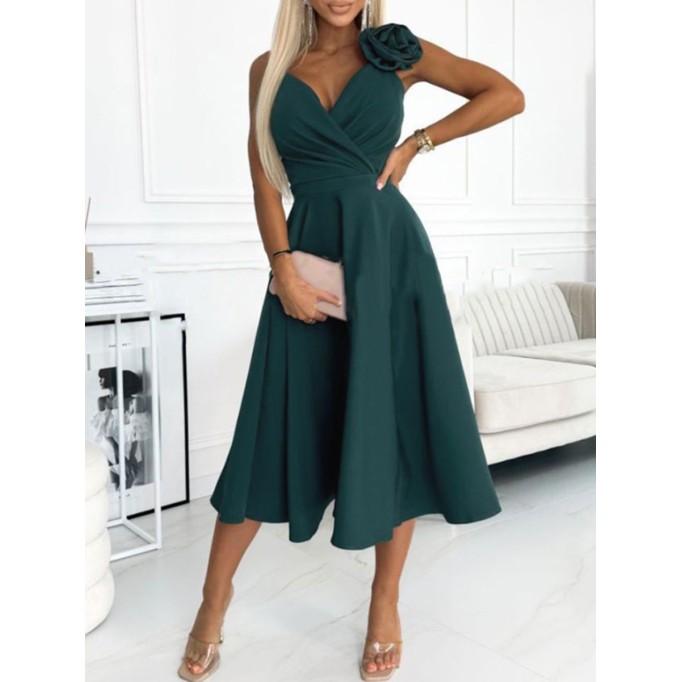 Dark green elegant dress with cross neckline and waist