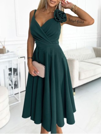 Dark green elegant dress with cross neckline and waist