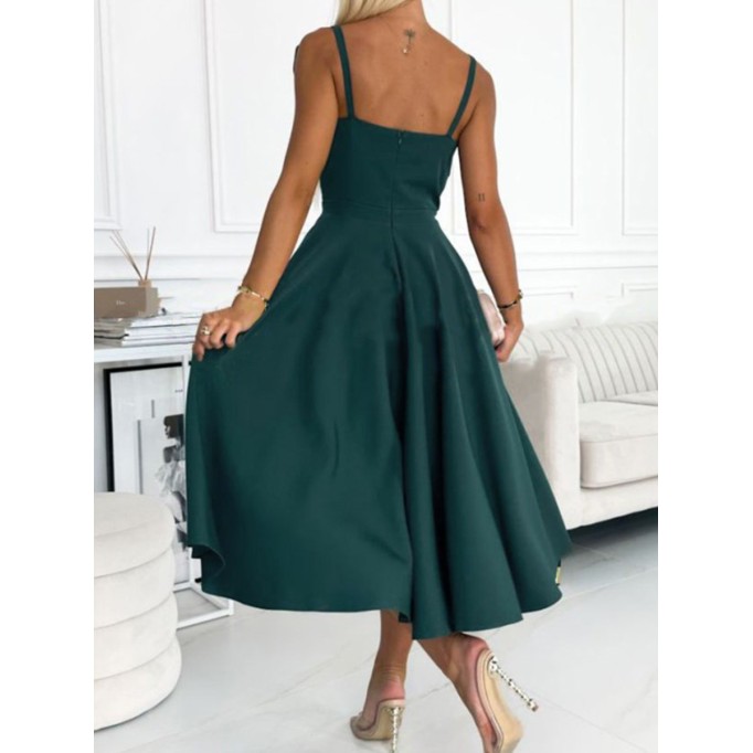 Dark green elegant dress with cross neckline and waist