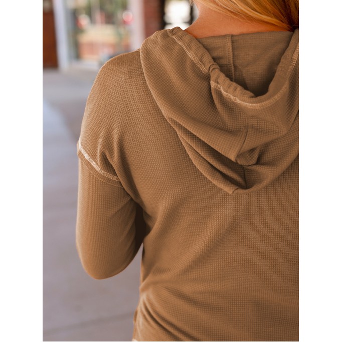 Drawstring Button Contrast Thread Casual Hoodie