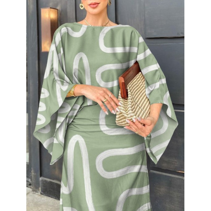 Elegant ladies printed batsleeve top half skirt suit