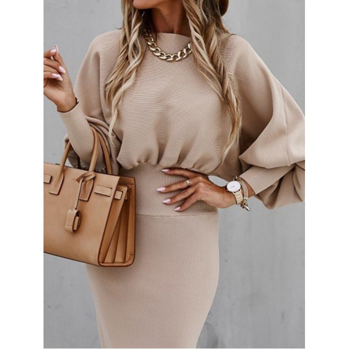 Elegant solid color patchwork foldable O-neck waistband dress