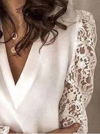 Elegant white V-neck lace sleeve patchwork shirt