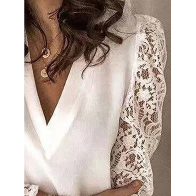 Elegant white V-neck lace sleeve patchwork shirt