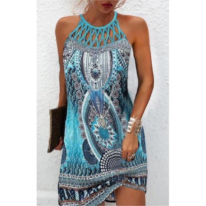 Ethnic printed mesh sleeveless casual dress