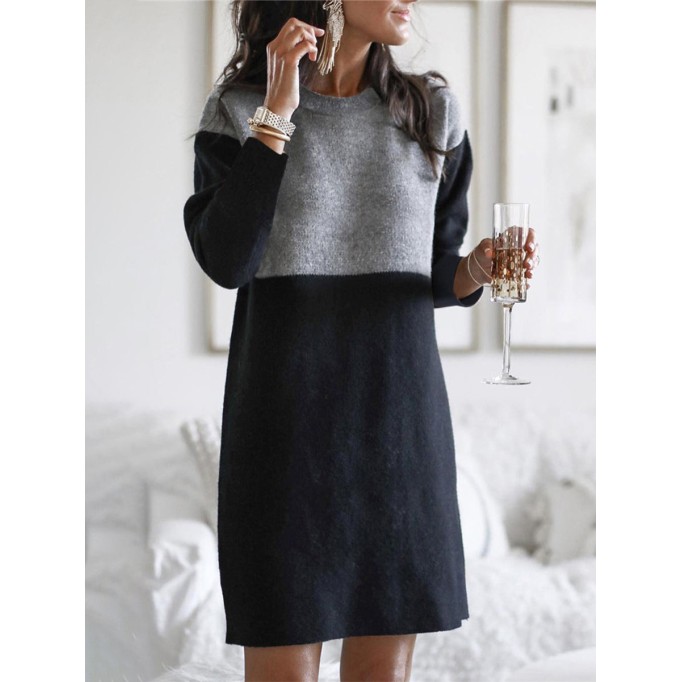 Fashion Patchwork Solid Patchwork O Neck Long Sleeve Dresses