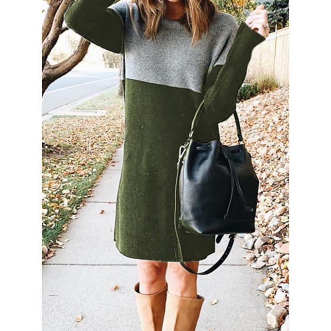 Fashion Patchwork Solid Patchwork O Neck Long Sleeve Dresses