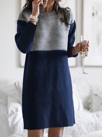 Fashion Patchwork Solid Patchwork O Neck Long Sleeve Dresses