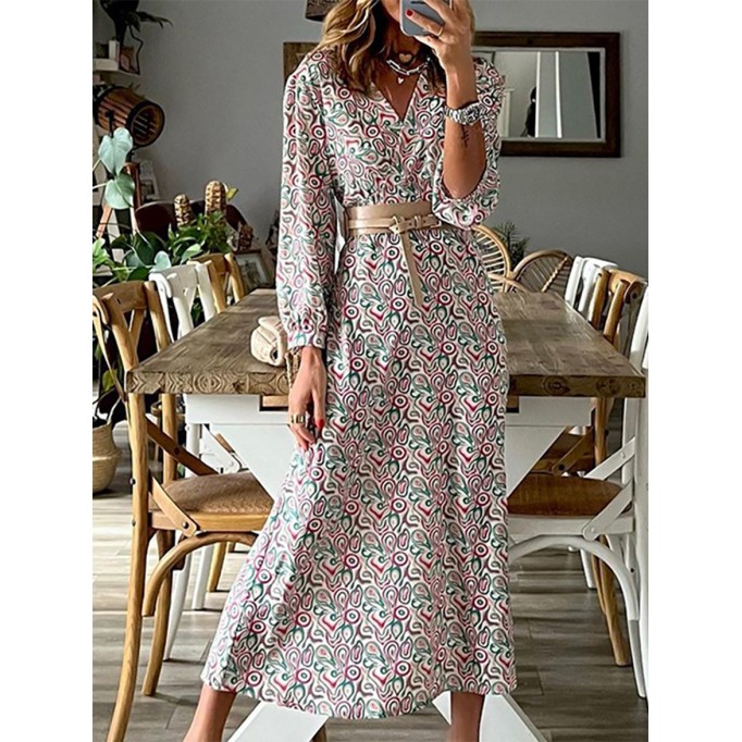 Fashion Print Patchwork V Neck Waist Skirt Dresses