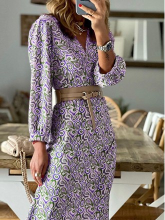 Fashion Print Patchwork V Neck Waist Skirt Dresses