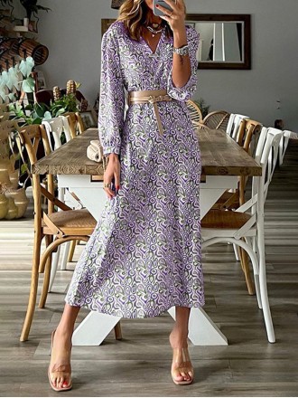 Fashion Print Patchwork V Neck Waist Skirt Dresses