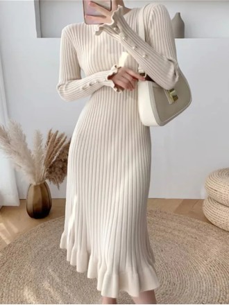 Fashion Sexy Elegant Knit Sweater Dress Slim Flared Midi Dress