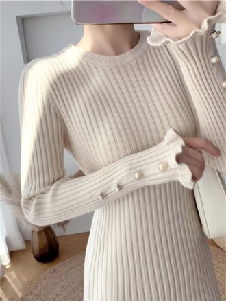 Fashion Sexy Elegant Knit Sweater Dress Slim Flared Midi Dress