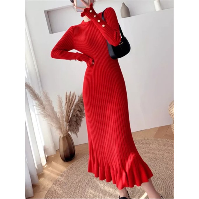 Fashion Sexy Elegant Knit Sweater Dress Slim Flared Midi Dress