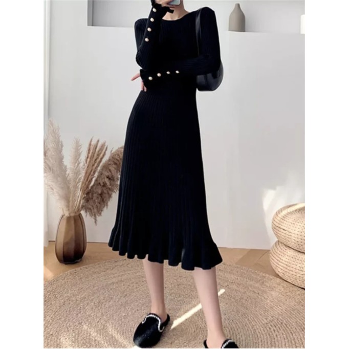 Fashion Sexy Elegant Knit Sweater Dress Slim Flared Midi Dress