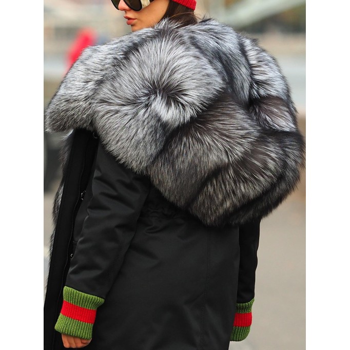 Fashionable fur collar patchwork coat