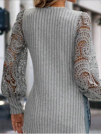 Fashionable round neck long sleeve lace patchwork top