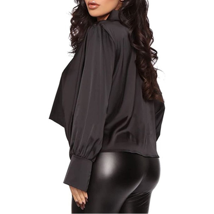 Fashionable temperament long sleeved deep V-neck satin top