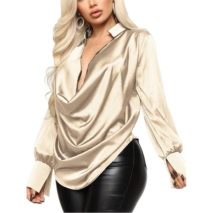 Fashionable temperament long sleeved deep V-neck satin top