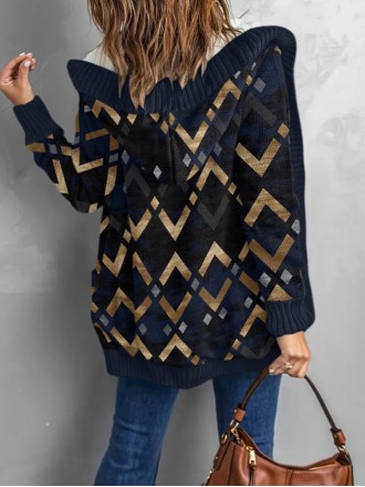 Fleece vintage geometric print hooded sweater cardigan