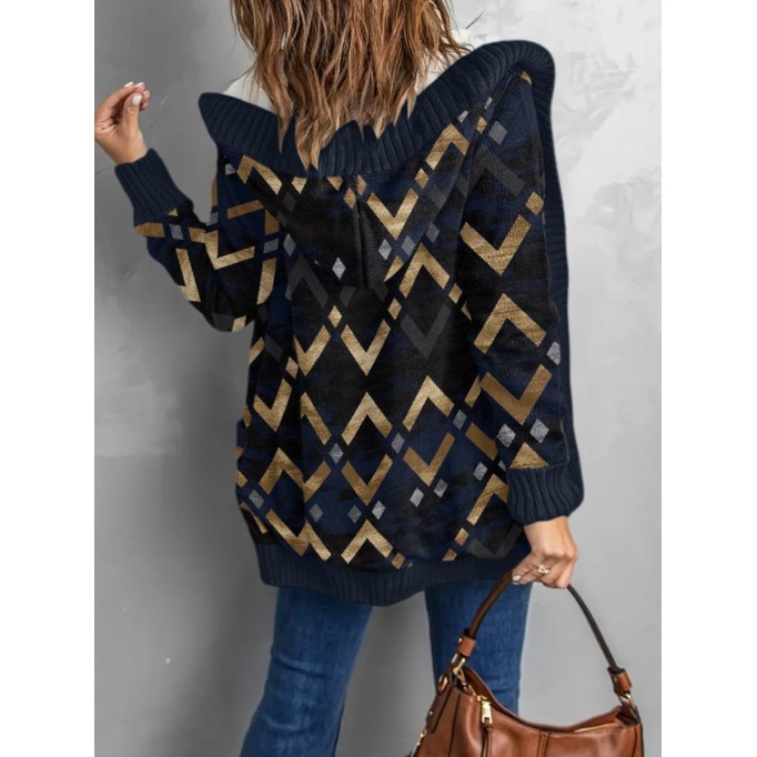 Fleece vintage geometric print hooded sweater cardigan