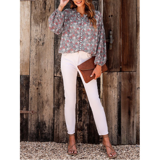 FLORAL BUTTON ROUND NECK SHEATH  CASUAL  SHIRTS