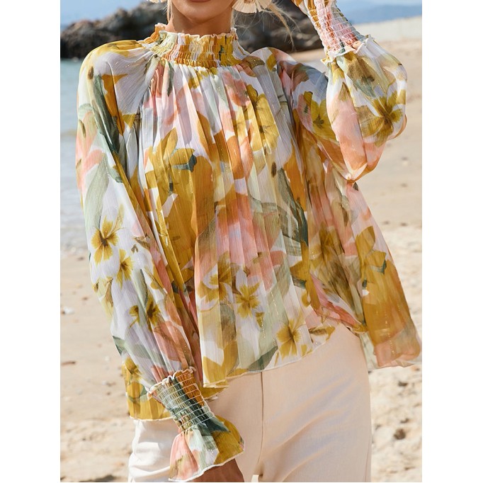 FLORAL DECORATION STAND NECK SHIFT ELEGANT  BLOUSE