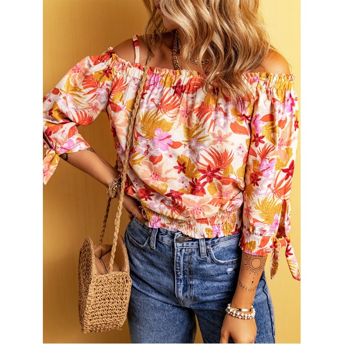 FLORAL KNOT PLEATED SHIRRED OFF THE SHOULDER SHEATH CASUAL BLOUSE