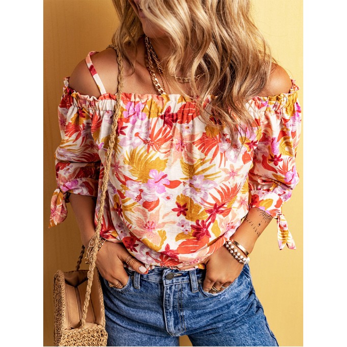 FLORAL KNOT PLEATED SHIRRED OFF THE SHOULDER SHEATH CASUAL BLOUSE