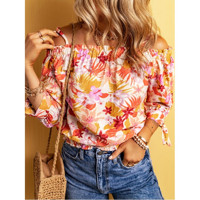 FLORAL KNOT PLEATED SHIRRED OFF THE SHOULDER SHEATH CASUAL BLOUSE