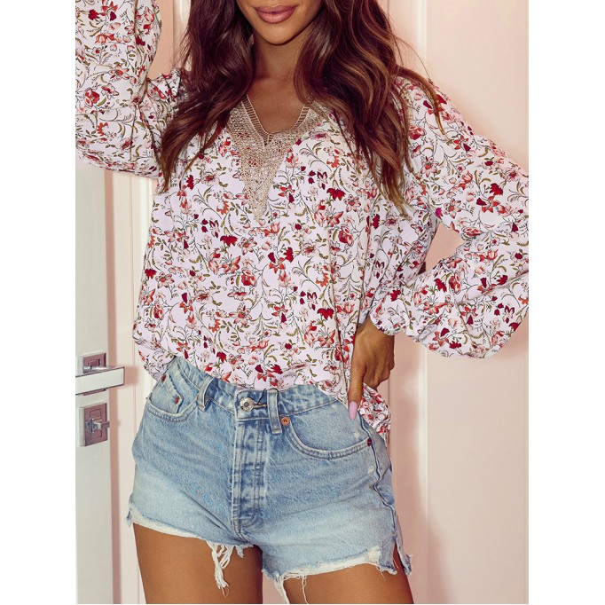 FLORAL LACE V NECK SHIFT CASUAL BLOUSE