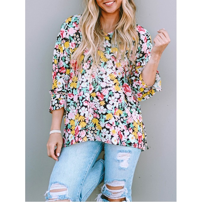 FLORAL NOTCHED V-NECK PUFF SLEEVE BLOUSE