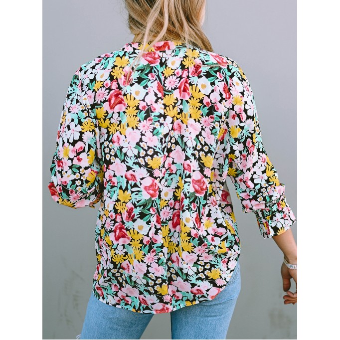 FLORAL NOTCHED V-NECK PUFF SLEEVE BLOUSE