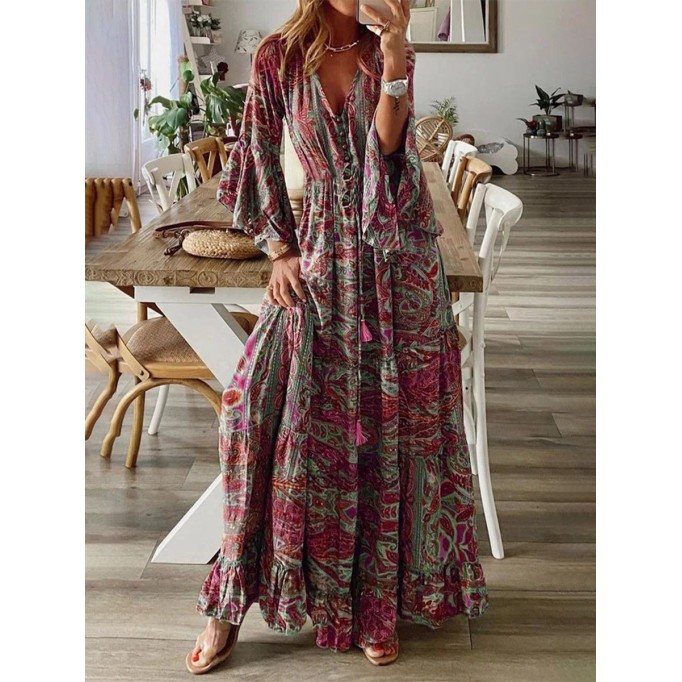 Floral Patchwork V Neck A Line Dresses