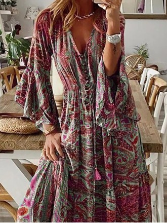 Floral Patchwork V Neck A Line Dresses