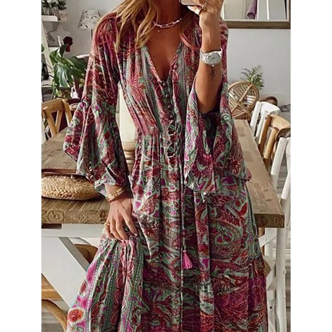 Floral Patchwork V Neck A Line Dresses