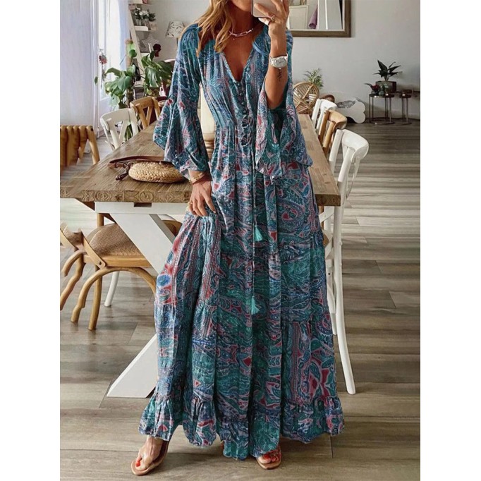 Floral Patchwork V Neck A Line Dresses