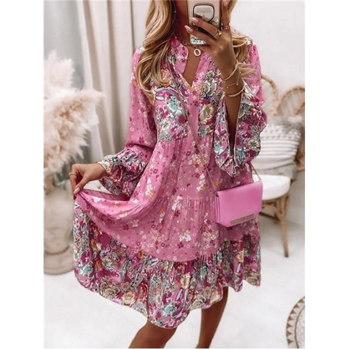 Floral Ruffle Smocked Print V Neck Casual Flare Cuff Sleeve Mini Dress