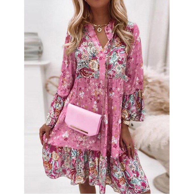 Floral Ruffle Smocked Print V Neck Casual Flare Cuff Sleeve Mini Dress