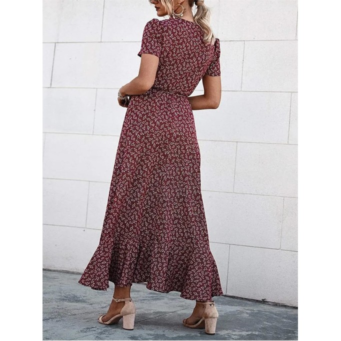 Floral V Neck Short Sleeve Long Dresses