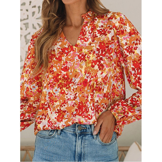 FLORAL V-NECK WOOD EAR HEM CASUAL SHIRT