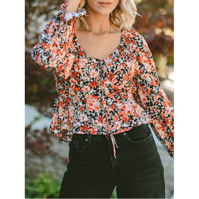 Flower pattern lace up casual top