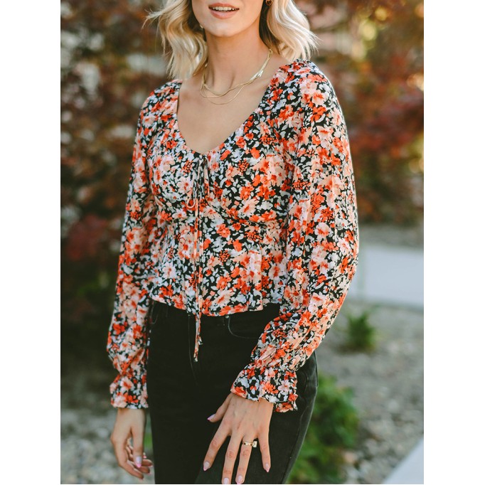 Flower pattern lace up casual top