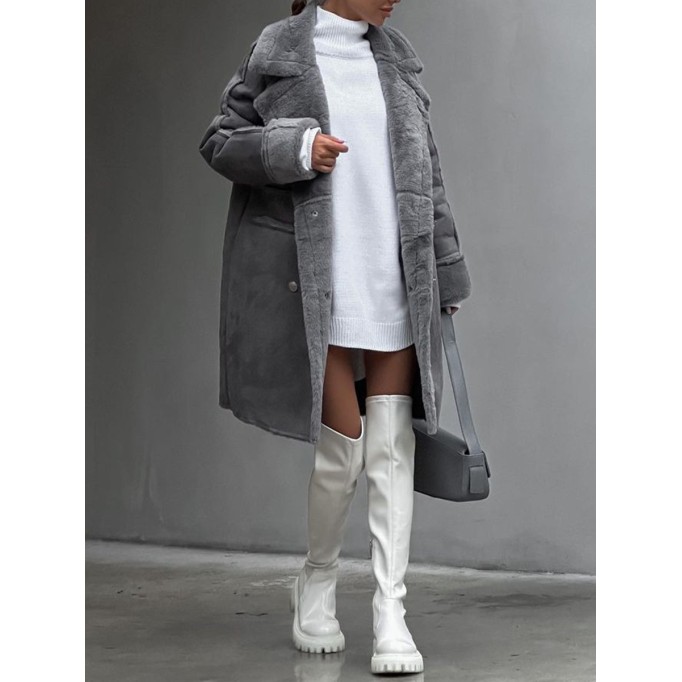 Fur suede suit collar long plush coat