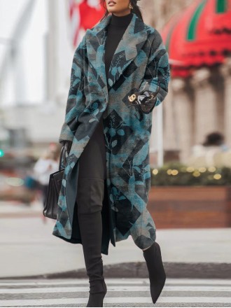 Geometric Contrast Plant Pattern Warm Long Sleeve Long Wool Coat